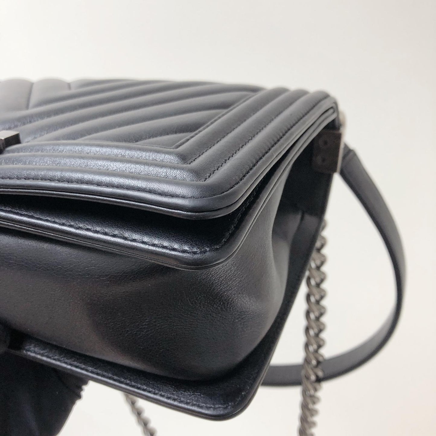 Chevron Caviar Old Medium Boy Bag in Black with SHW