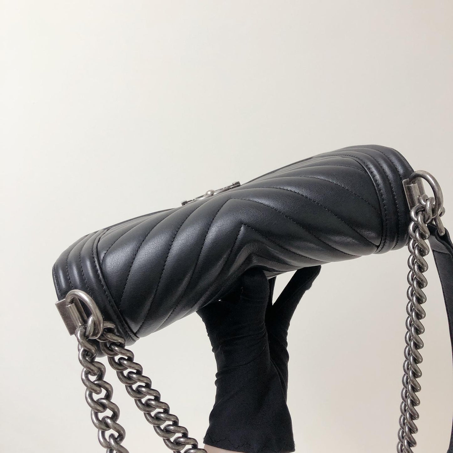 Chevron Caviar Old Medium Boy Bag in Black with SHW