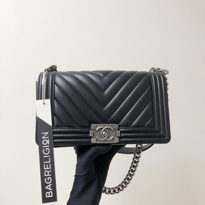 Chevron Caviar Old Medium Boy Bag in Black with SHW