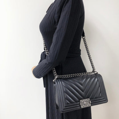 Chevron Caviar Old Medium Boy Bag in Black with SHW