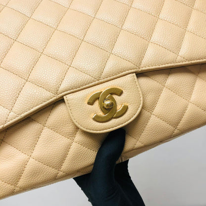 Jumbo Single Flap Caviar Leather Beige GHW