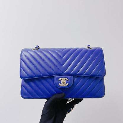 Classic Flap Medium Chevron Lambskin Blue LGHW