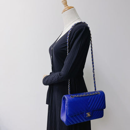Classic Flap Medium Chevron Lambskin Blue LGHW