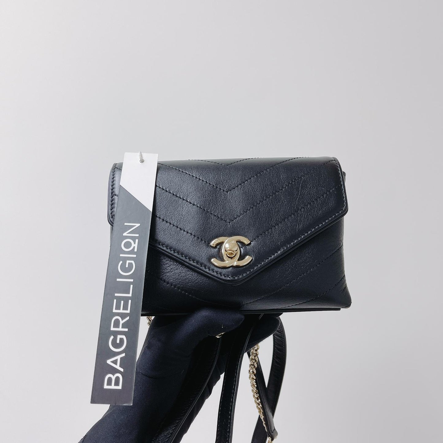 Calfskin Chevron Stitched Coco Belt Bag Black with LGHW