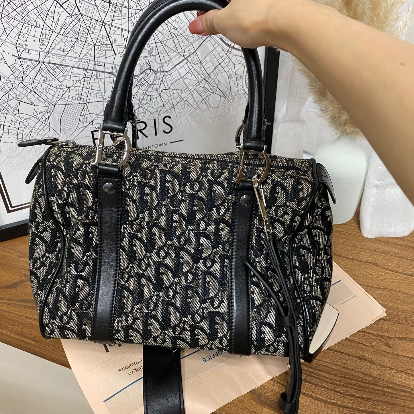 Oblique Canvas Boston Bag Black
