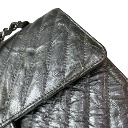 Chevron Double Flap Medium Crumpled Calfskin Silver SHW