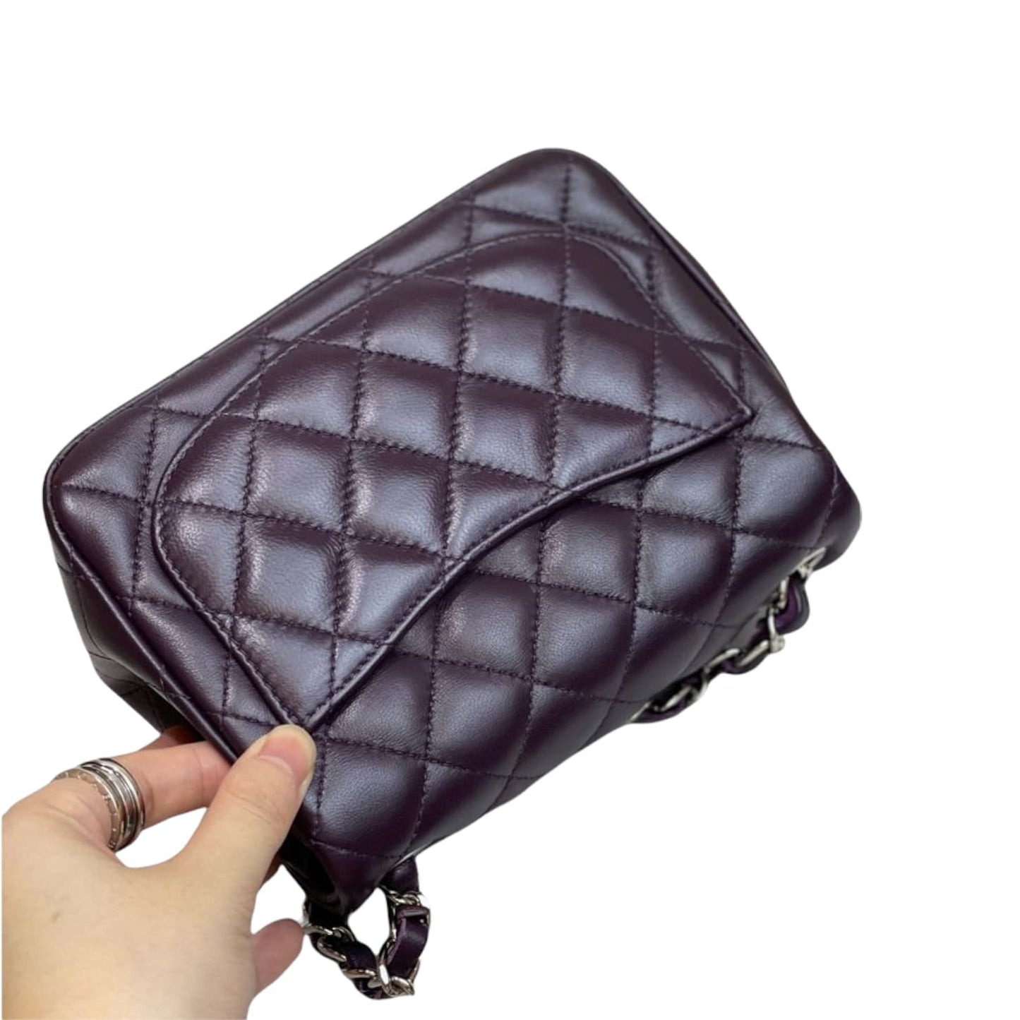 Mini Square Flap Lambskin Quilted Dark Purple SHW