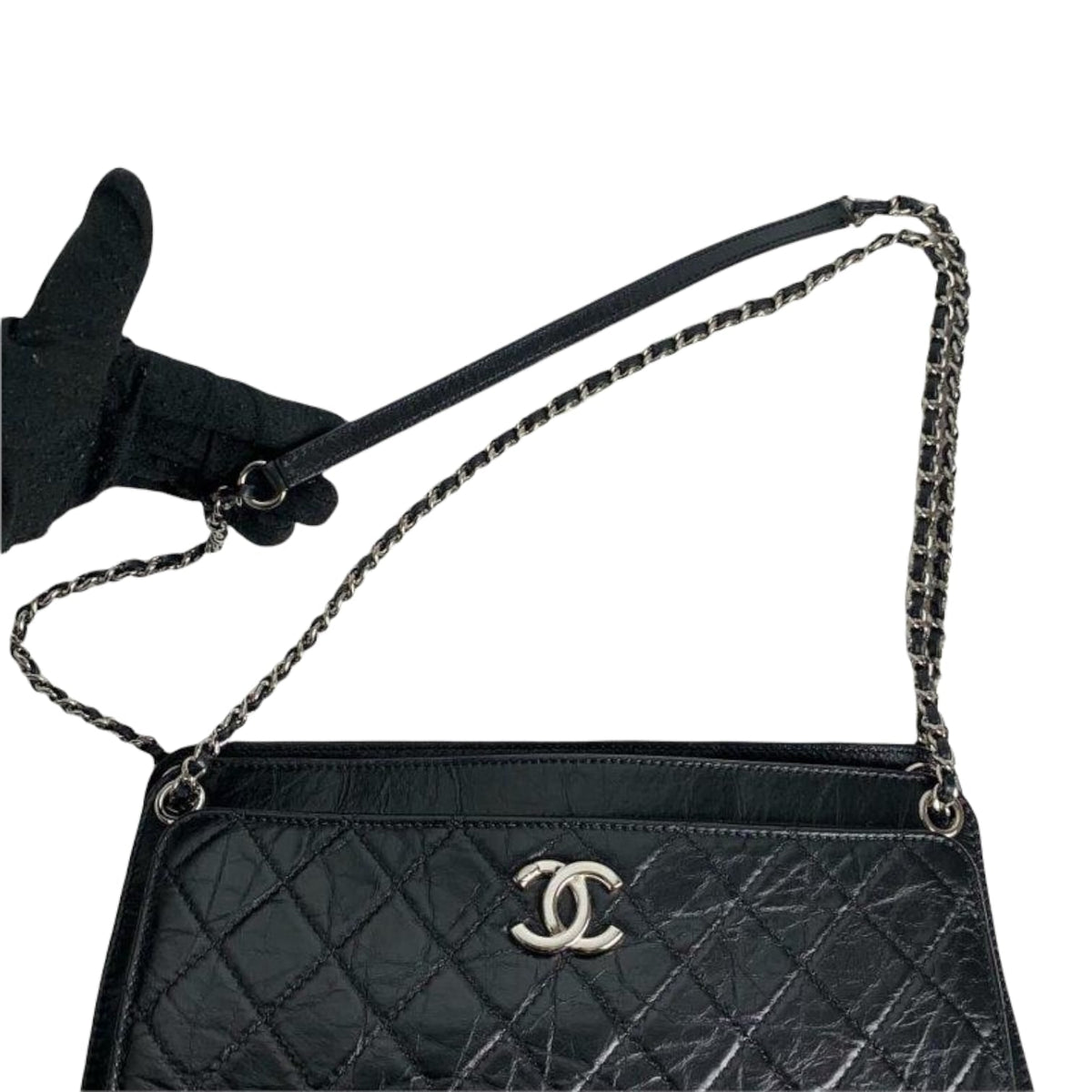 Shoulder Quilted Crinkled Calfskin Black SHW