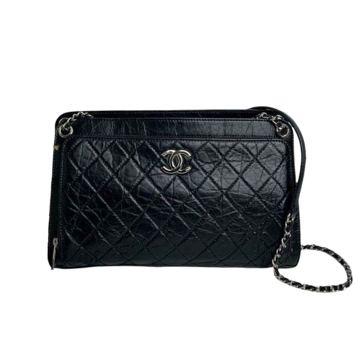 Shoulder Quilted Crinkled Calfskin Black SHW