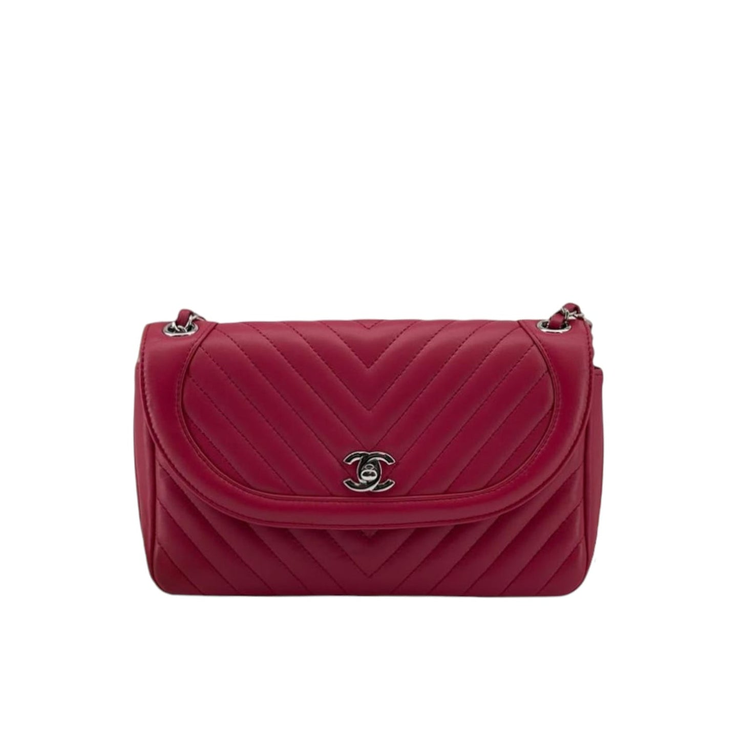 Medium Classic Round CC Flap Chevron Lambskin Red SHW