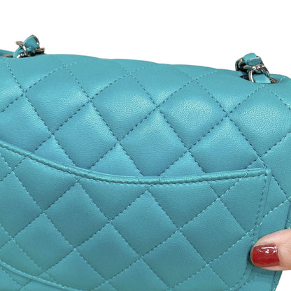Mini Square Flap Lambskin Quilted Turquiose SHW