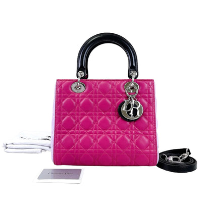 Medium Tri-Color Lady Dior Lambskin Black Dark and Light Pink SHW