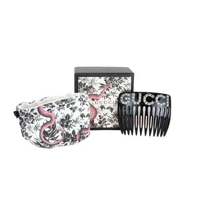Gucci Crystal Embellished Logo Motif Hair Clip in Black