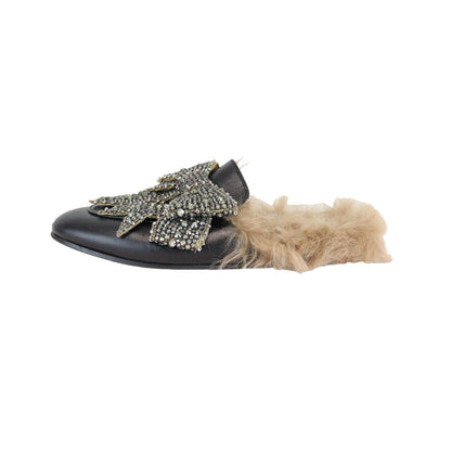 Gucci Flat Mules Crystal Embellished Leather and Fur Black Size 38
