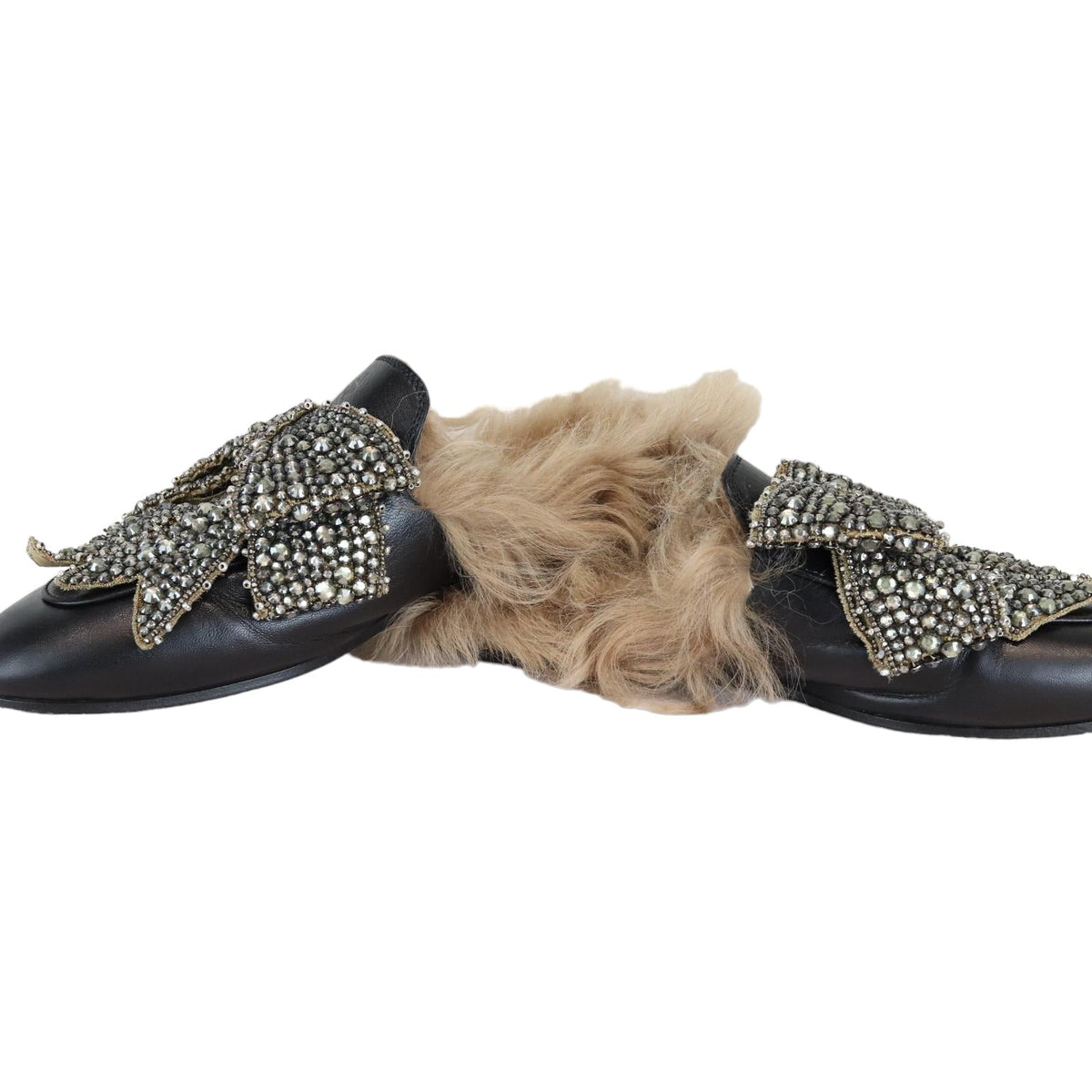 Gucci Flat Mules Crystal Embellished Leather and Fur Black Size 38
