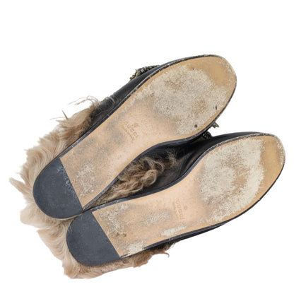 Gucci Flat Mules Crystal Embellished Leather and Fur Black Size 38