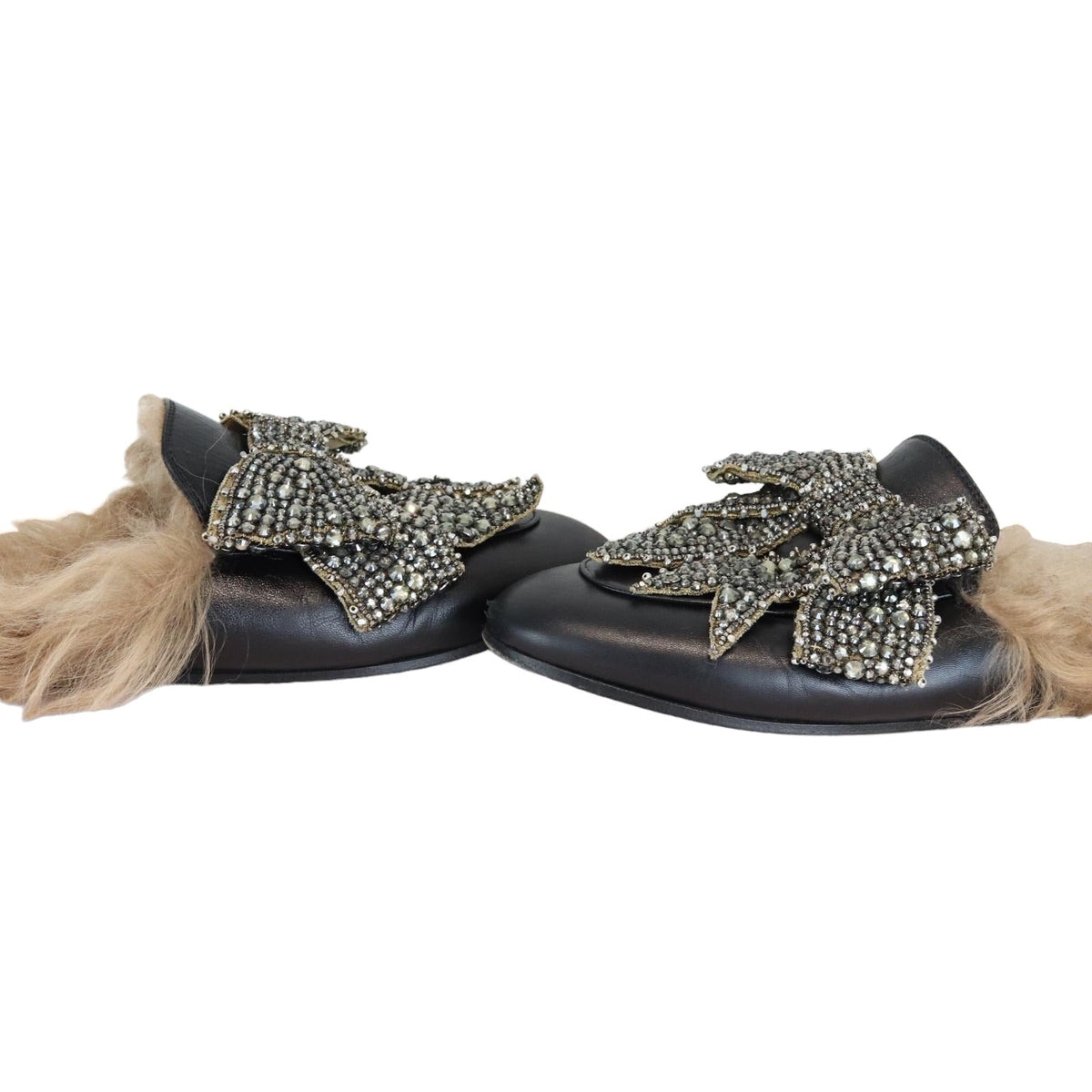 Gucci Flat Mules Crystal Embellished Leather and Fur Black Size 38