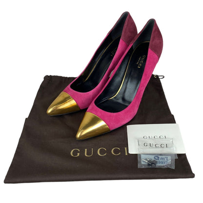 Gucci Semi-Pointed Toes Colorblock Pattern Pumps Suede Pink Size 39.5