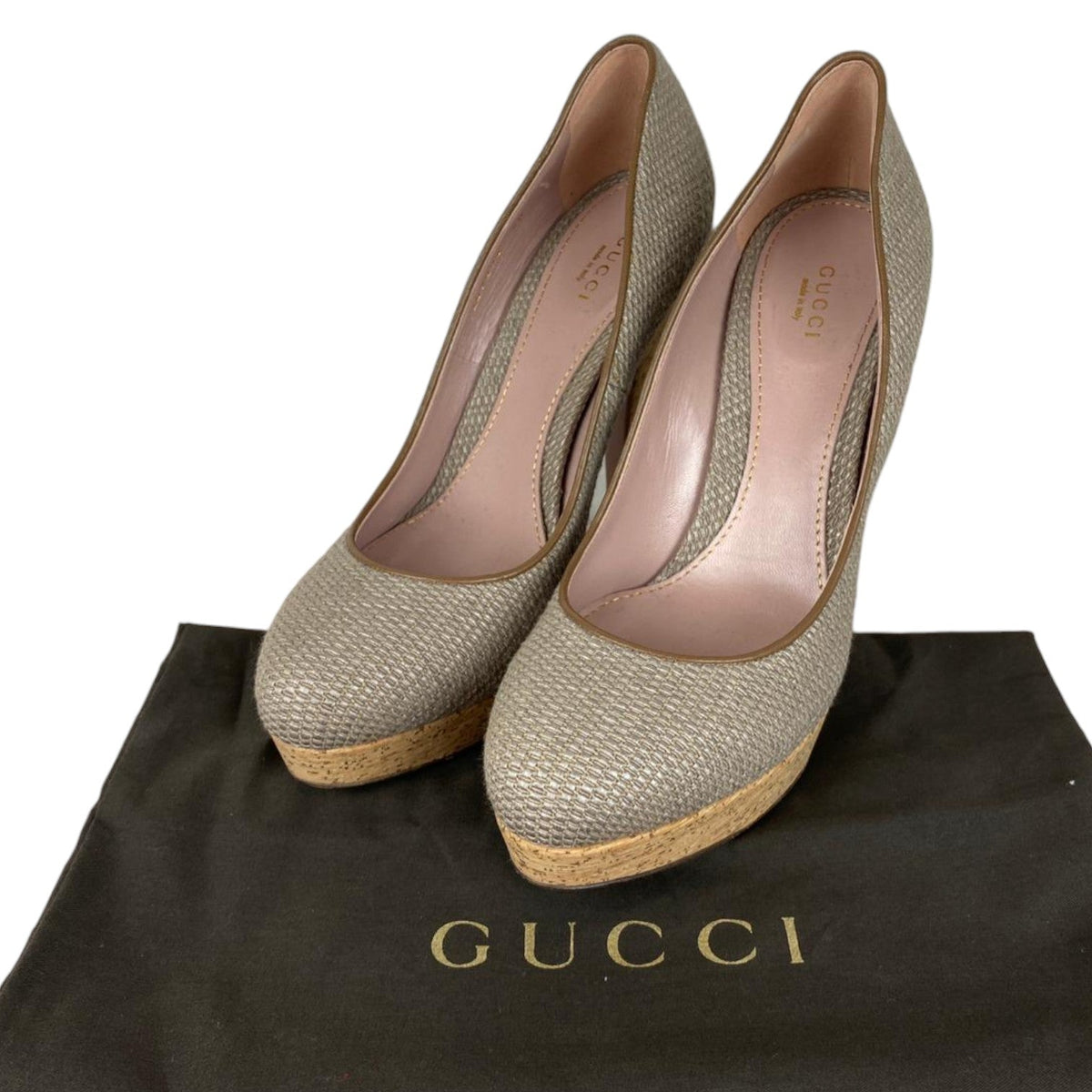 Gucci Woven Heels Greige Leather Beige Size 40