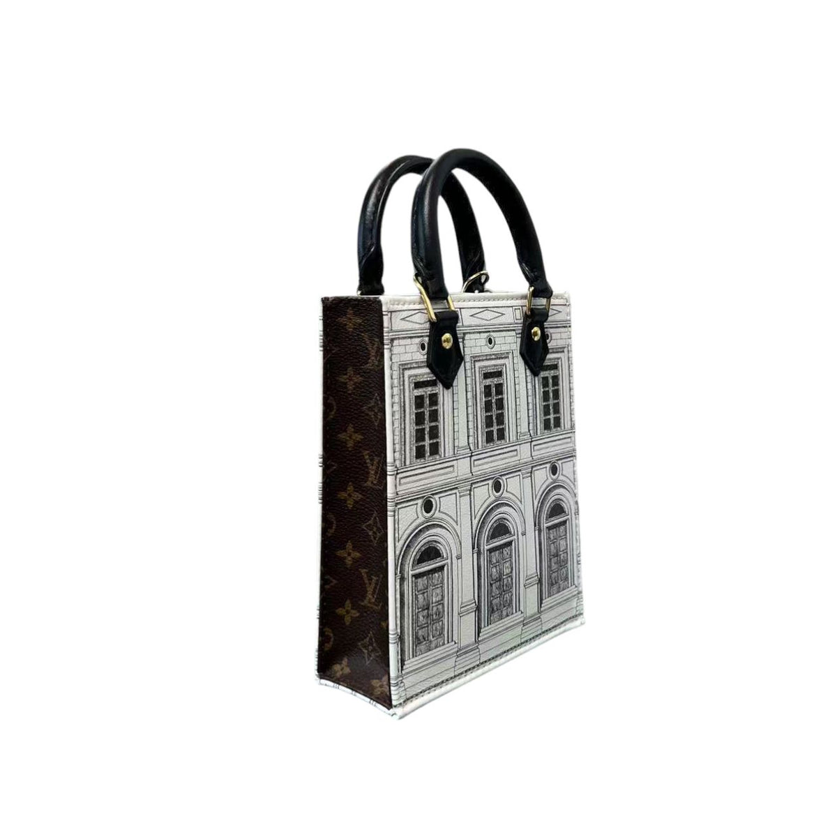Louis-Vuitton X Fornasetti Architettura Petit Sac Plat Calfskin Black White GHW