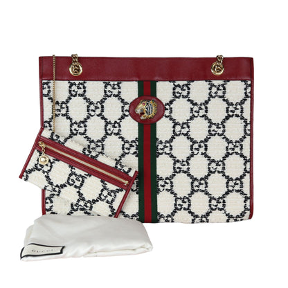 Gucci Rajah Chain Tote Tweed Large GG Monogram White Black Cherry GHW