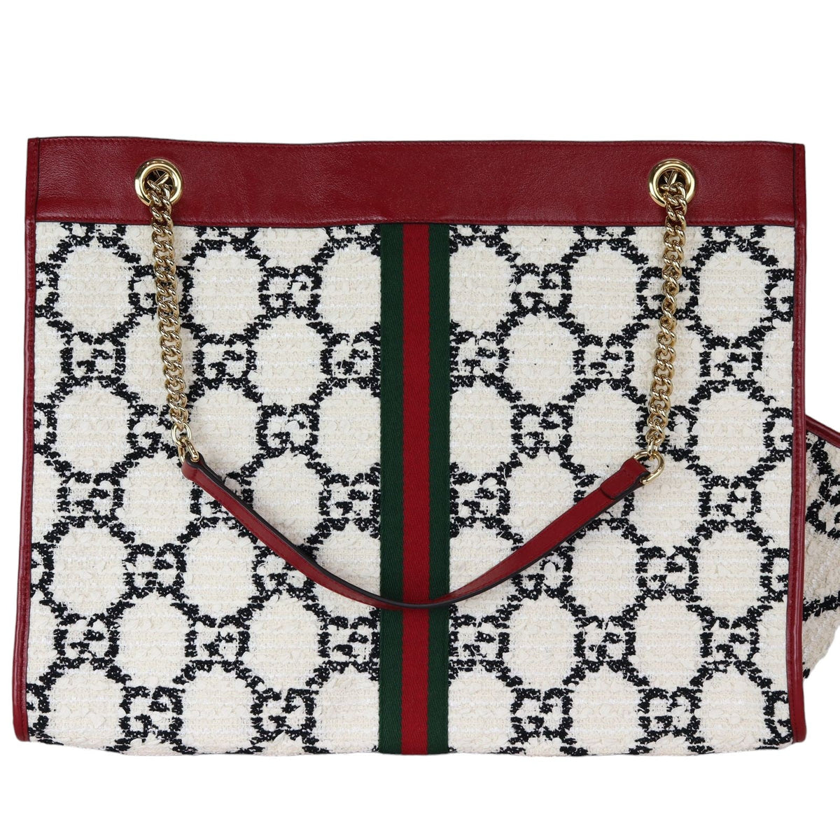 Gucci Rajah Chain Tote Tweed Large GG Monogram White Black Cherry GHW