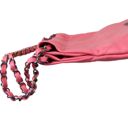 22 Drawstring Rainbow Hardware Shiny Calfskin Quilted Pink