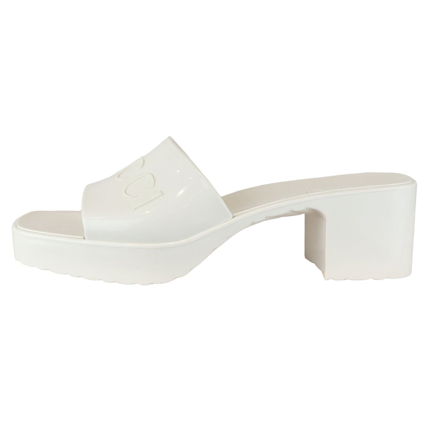 Gucci Logo Womens Platform Slide Sandals Rubber Mystic White Size 38