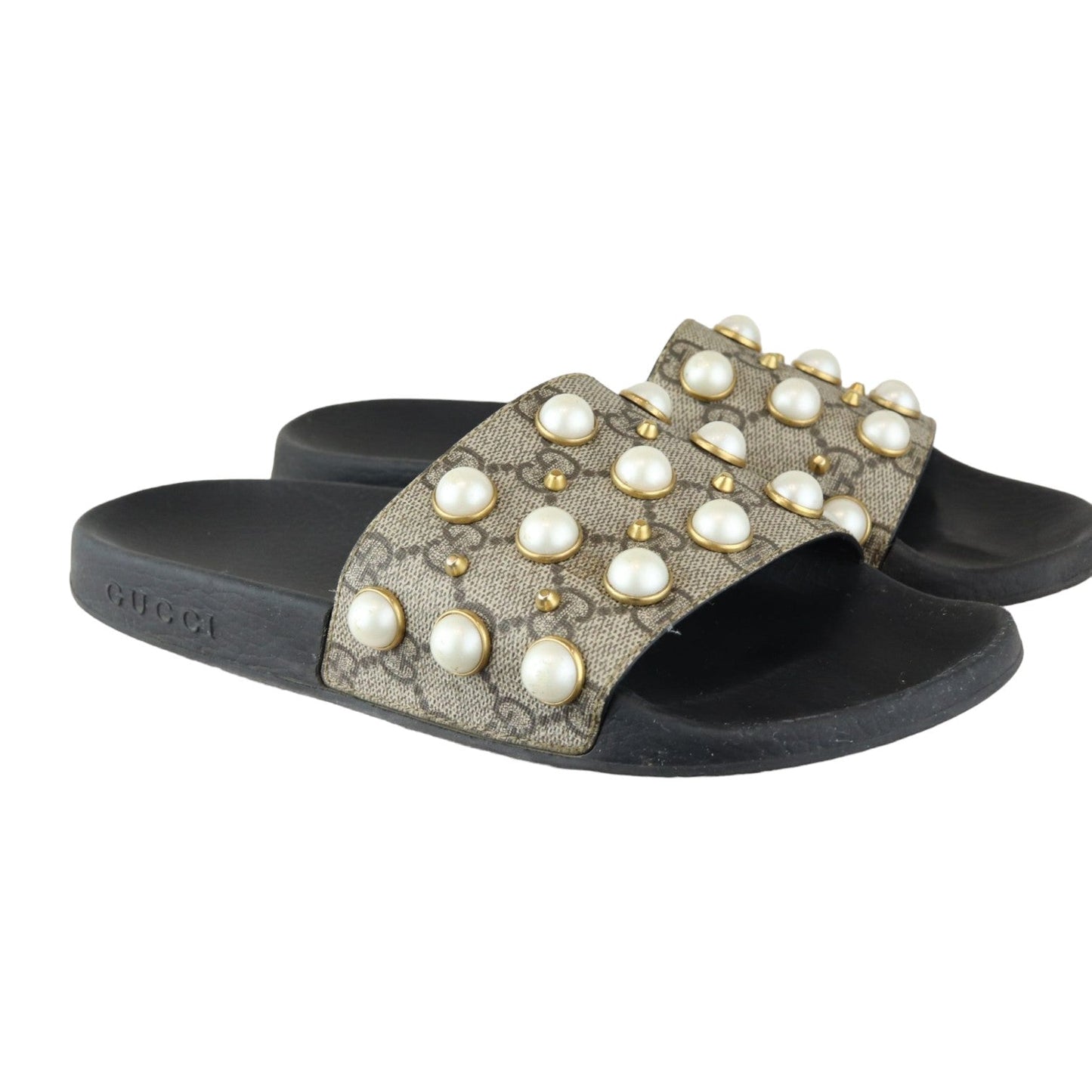 Gucci Pearls Slide Sandals GG Supreme Monogram Beige Size 37