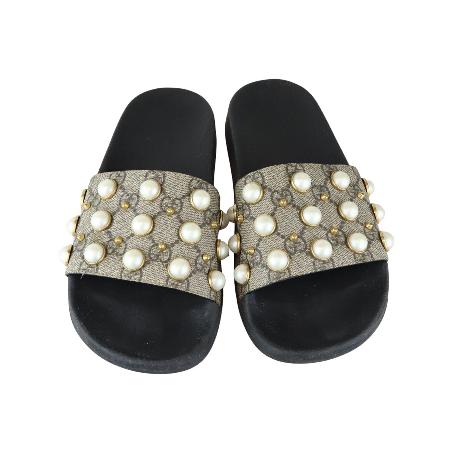 Gucci Pearls Slide Sandals GG Supreme Monogram Beige Size 37