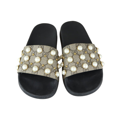 Gucci Pearls Slide Sandals GG Supreme Monogram Beige Size 37