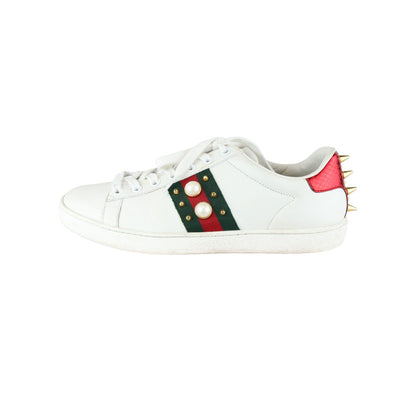 Gucci Web Pearl Studded Women Ace Sneakers Calfskin White Size 37
