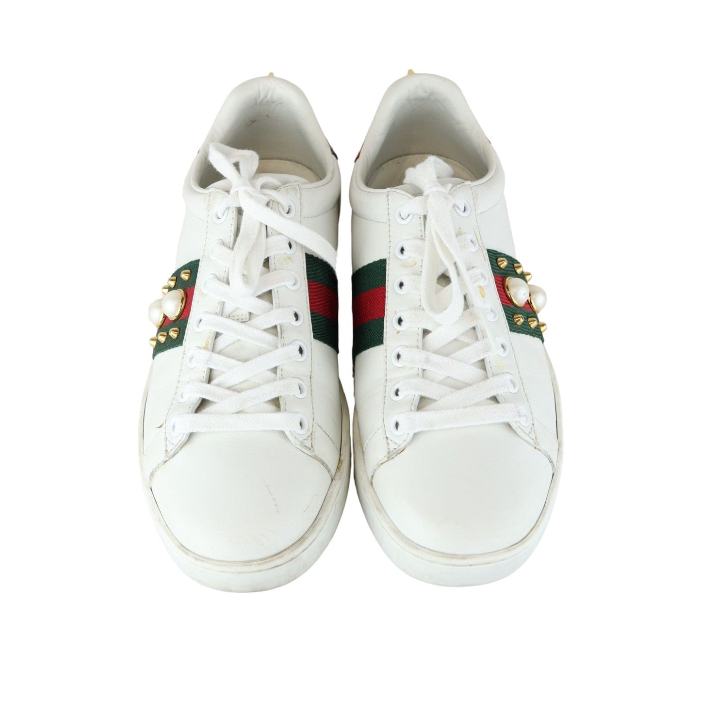 Gucci Web Pearl Studded Women Ace Sneakers Calfskin White Size 37