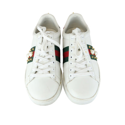 Gucci Web Pearl Studded Women Ace Sneakers Calfskin White Size 37