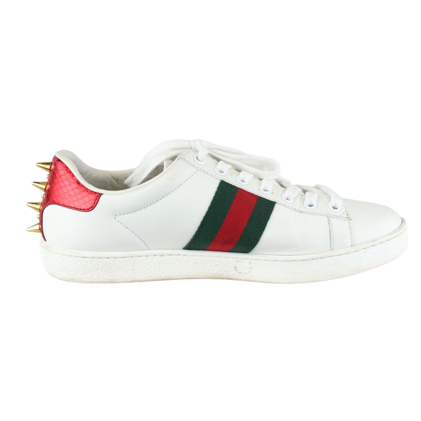 Gucci Web Pearl Studded Women Ace Sneakers Calfskin White Size 37