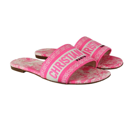 Dway Flat Slide Canvas Toile de Jouy Off White Pink Size 37.5