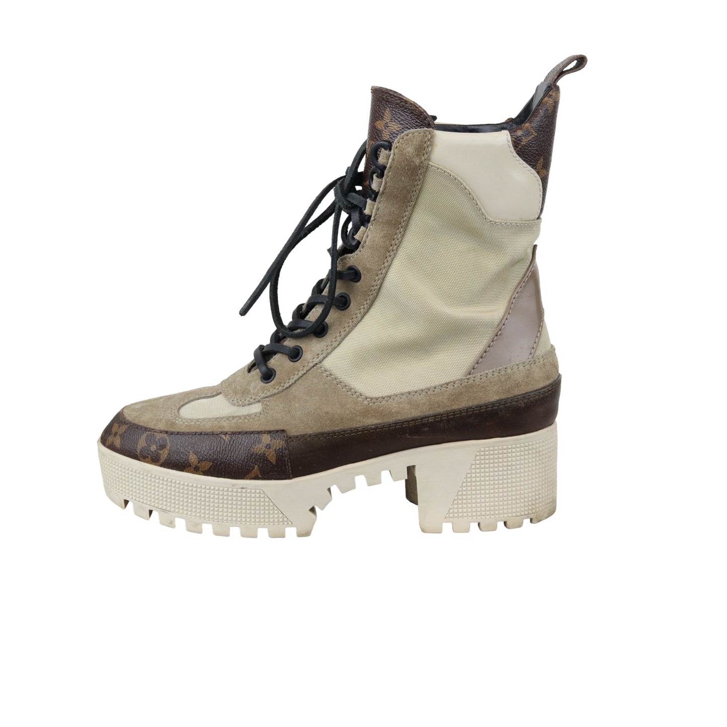 Louis-Vuitton Laureate Platform Desert Boots Suede Calfskin Monogram Beige Size 38
