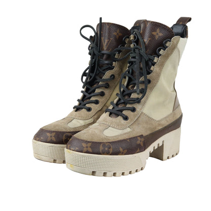 Louis-Vuitton Laureate Platform Desert Boots Suede Calfskin Monogram Beige Size 38