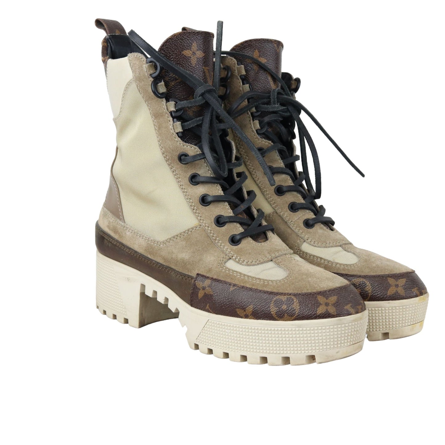 Louis-Vuitton Laureate Platform Desert Boots Suede Calfskin Monogram Beige Size 38