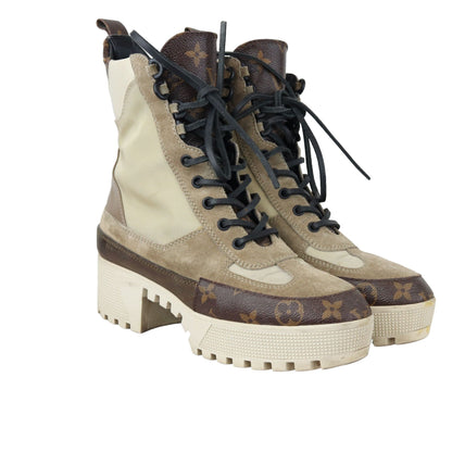 Louis-Vuitton Laureate Platform Desert Boots Suede Calfskin Monogram Beige Size 38