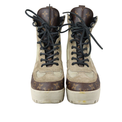 Louis-Vuitton Laureate Platform Desert Boots Suede Calfskin Monogram Beige Size 38