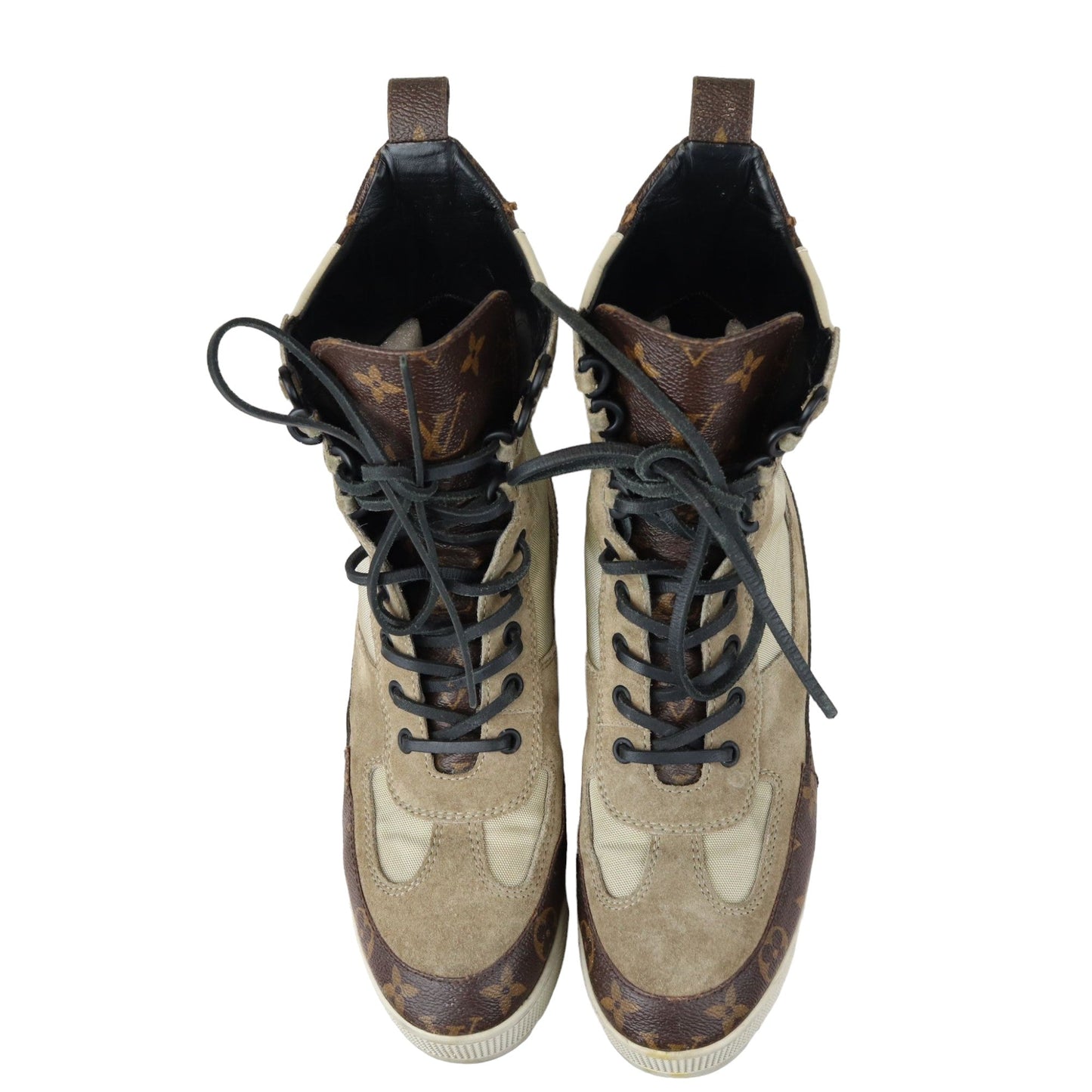 Louis-Vuitton Laureate Platform Desert Boots Suede Calfskin Monogram Beige Size 38