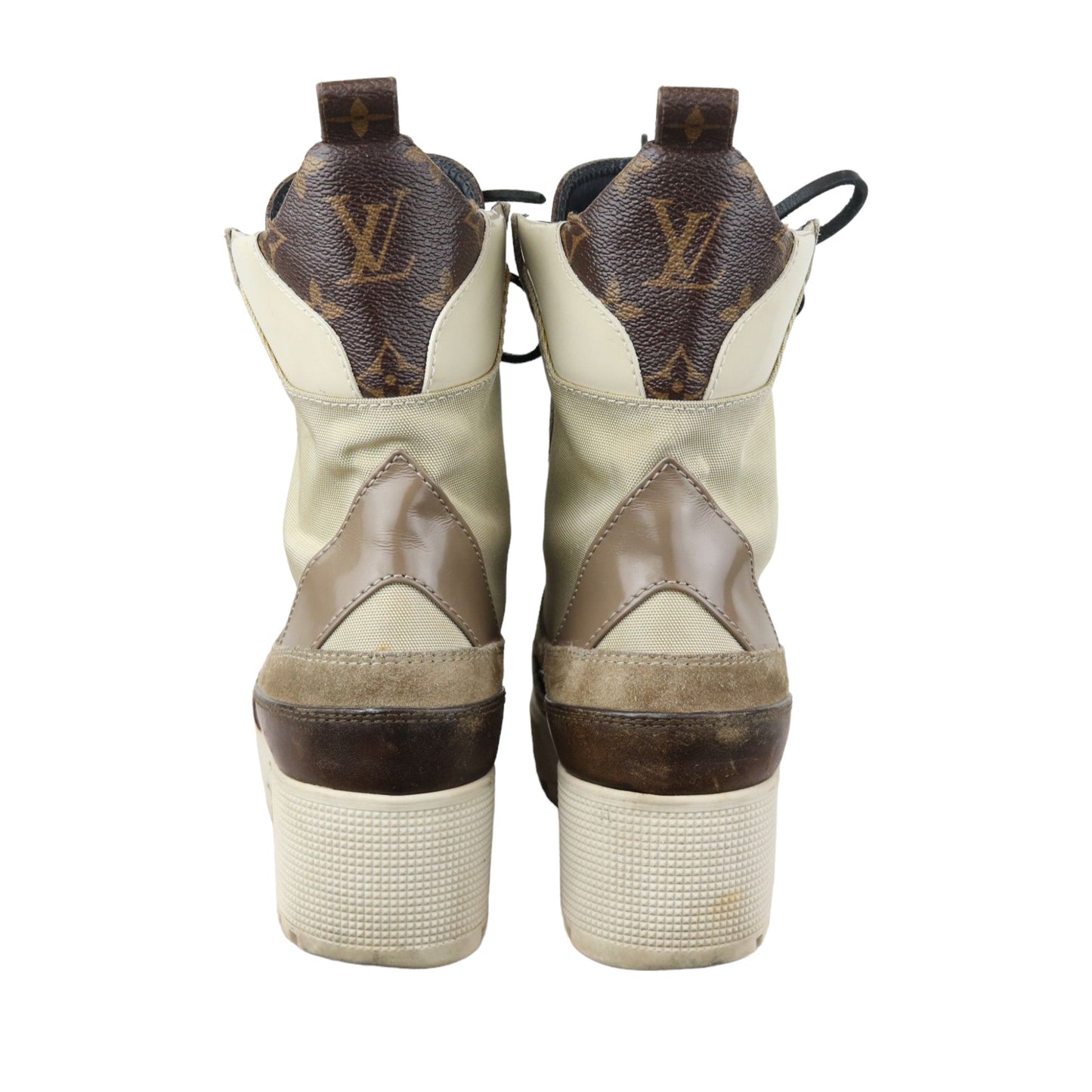 Louis-Vuitton Laureate Platform Desert Boots Suede Calfskin Monogram Beige Size 38