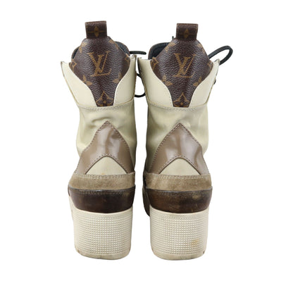 Louis-Vuitton Laureate Platform Desert Boots Suede Calfskin Monogram Beige Size 38