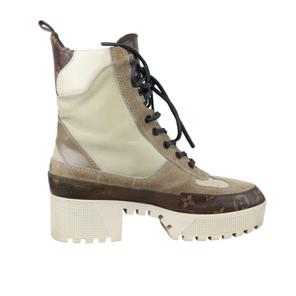 Louis-Vuitton Laureate Platform Desert Boots Suede Calfskin Monogram Beige Size 38