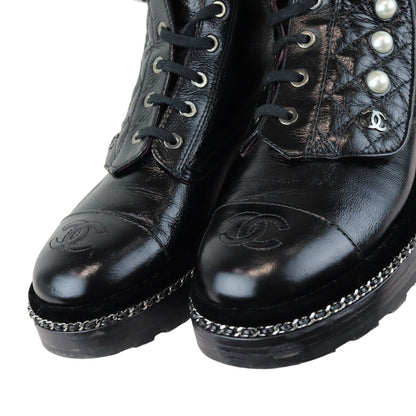 Pearl Combat Boots Crackled Calfskin Velvet Black Size 38