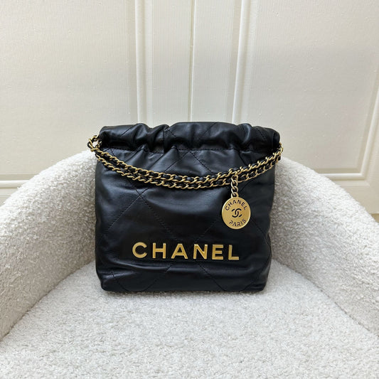 Chanel 22 Mini Hobo Handbag in Black Shiny Calfskin and AGHW