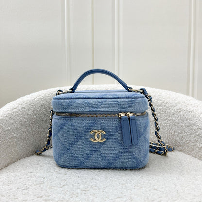 Chanel 22B Cheer for Chanel Vanity Case with Top Handle in Light Blue Denim Fabric and AGHW