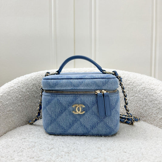Chanel 22B Cheer for Chanel Vanity Case with Top Handle in Light Blue Denim Fabric and AGHW