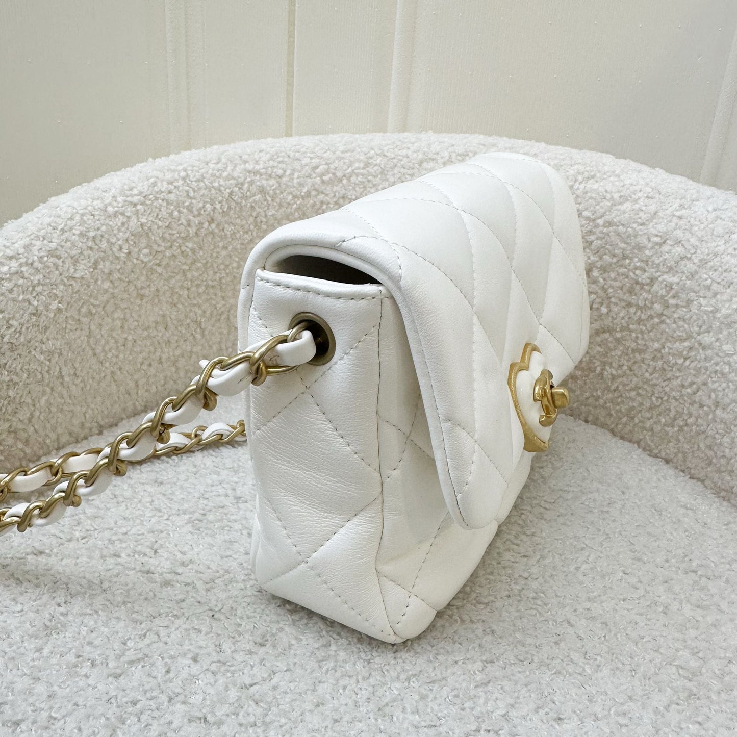 Chanel 23S Heart Clasp Mini Flap in White Lambskin and AGHW